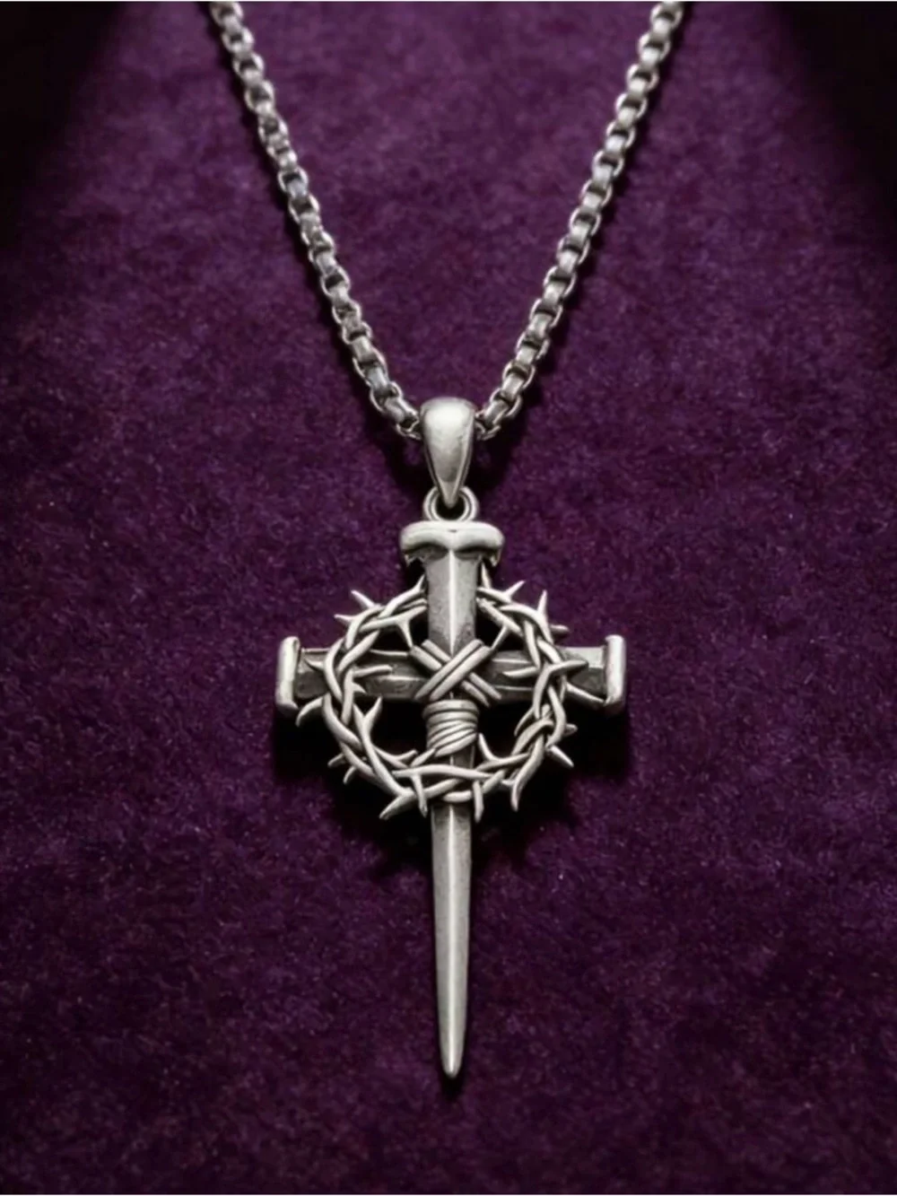 Silver Tone Cross & Crown of Thorns Pendant Necklace